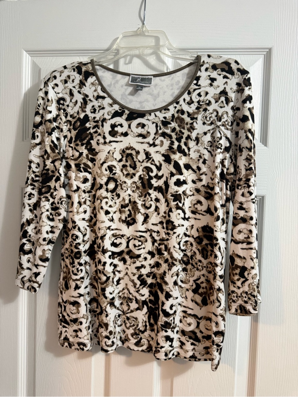 JM Collection Black, Brown & Cream Ornate Scoop Neck Long Sleeve Top